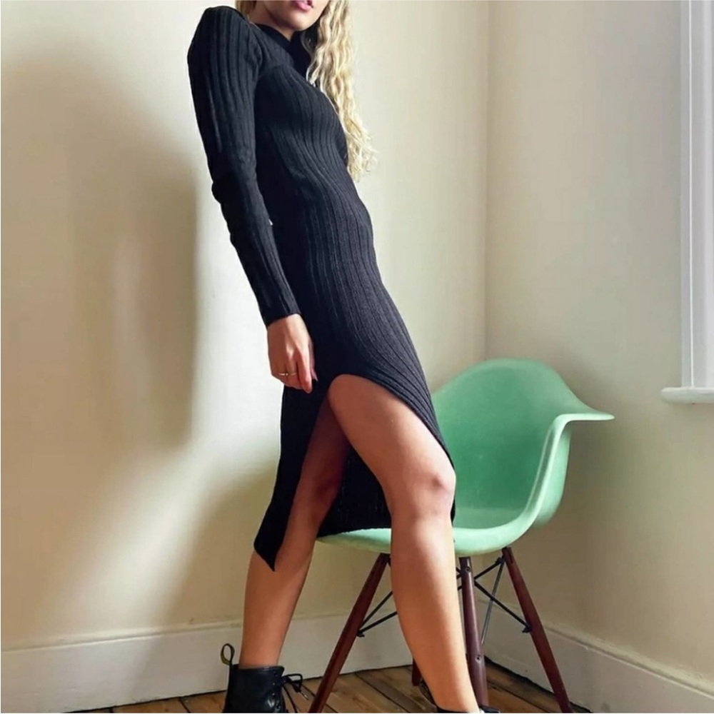 Brave Soul London: Cubo Ribbed Jumper Dress w/Side Split in Black - like new